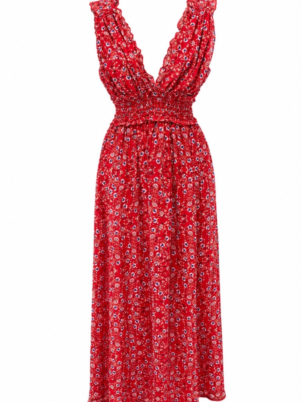 Large Max Studio Red Floral Maxi Dress with Smocked Waist
